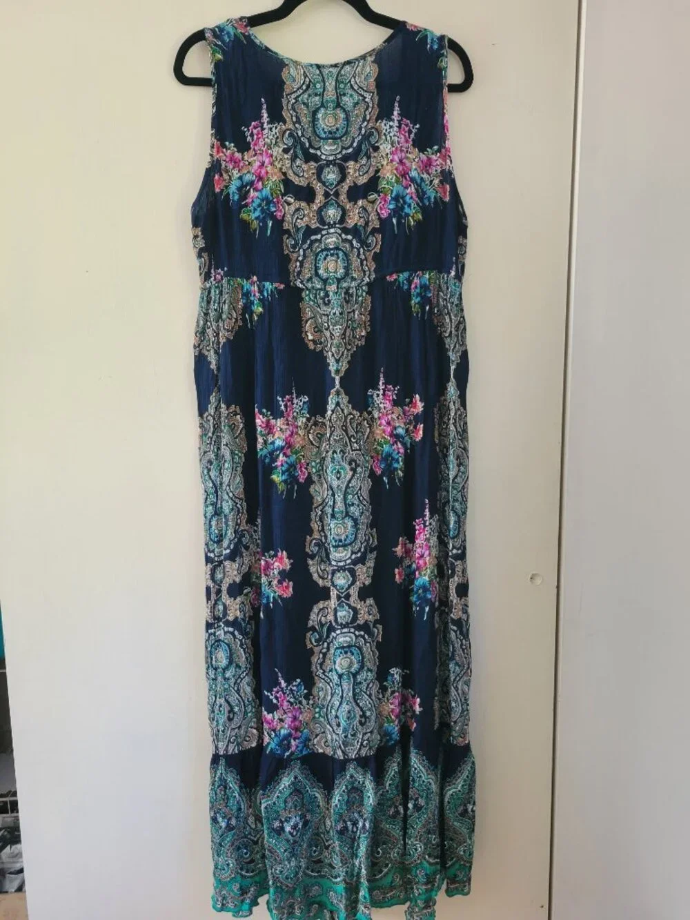 Bila Boho Paisley Floral Maxi Dress Crochet Neckline Drawstring Waist sz XL Navy - Picture 6 of 10